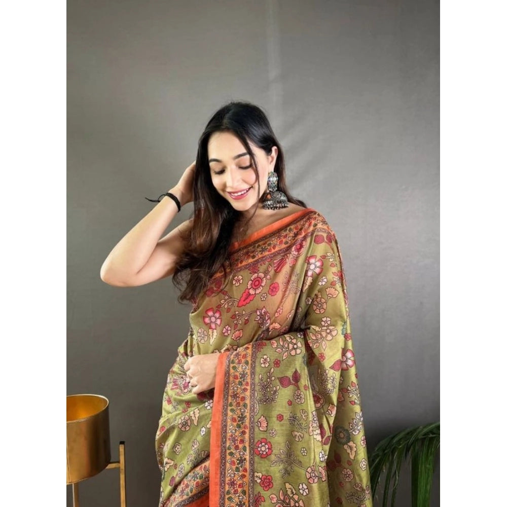 Women's Linen Printed Saree With Unstitched Blouse 5.5Mtr  (Sea Green)