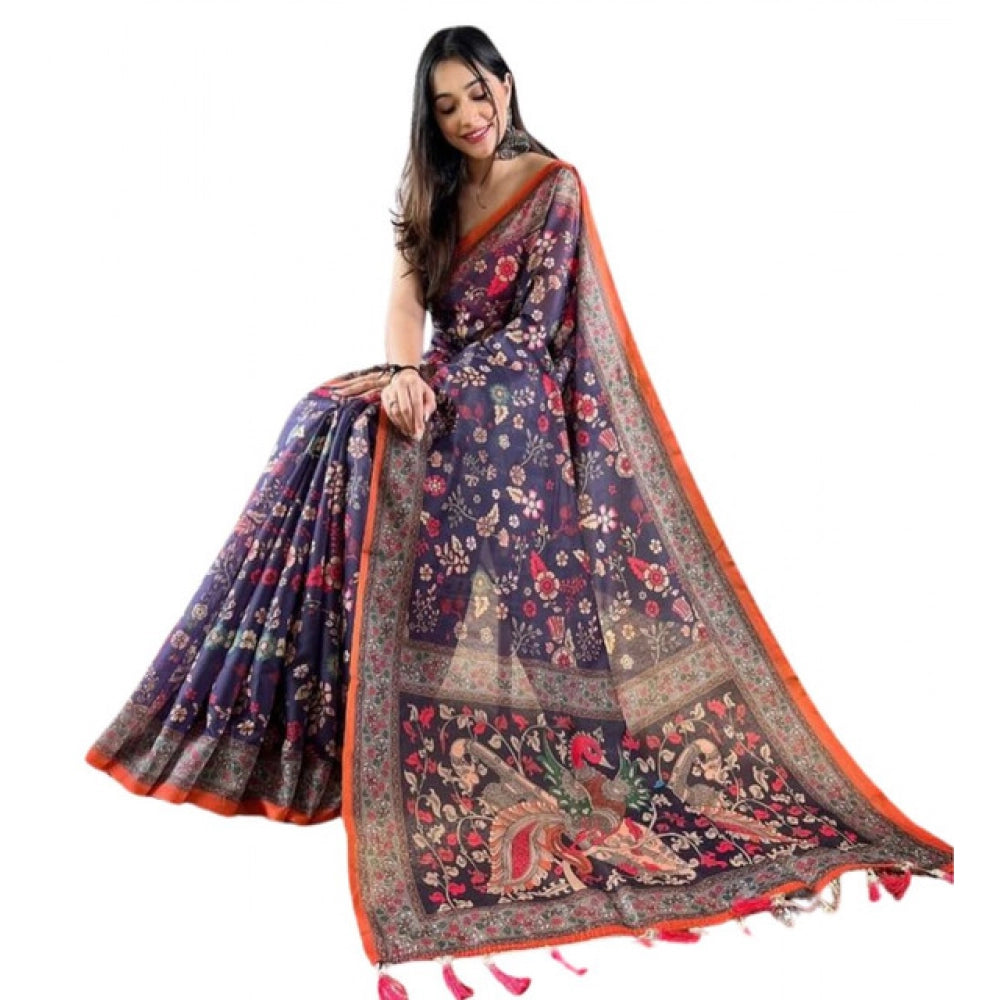 Women's Linen Printed Saree With Unstitched Blouse 5.5Mtr  (Blue)