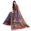 Women's Linen Printed Saree With Unstitched Blouse 5.5Mtr  (Blue)