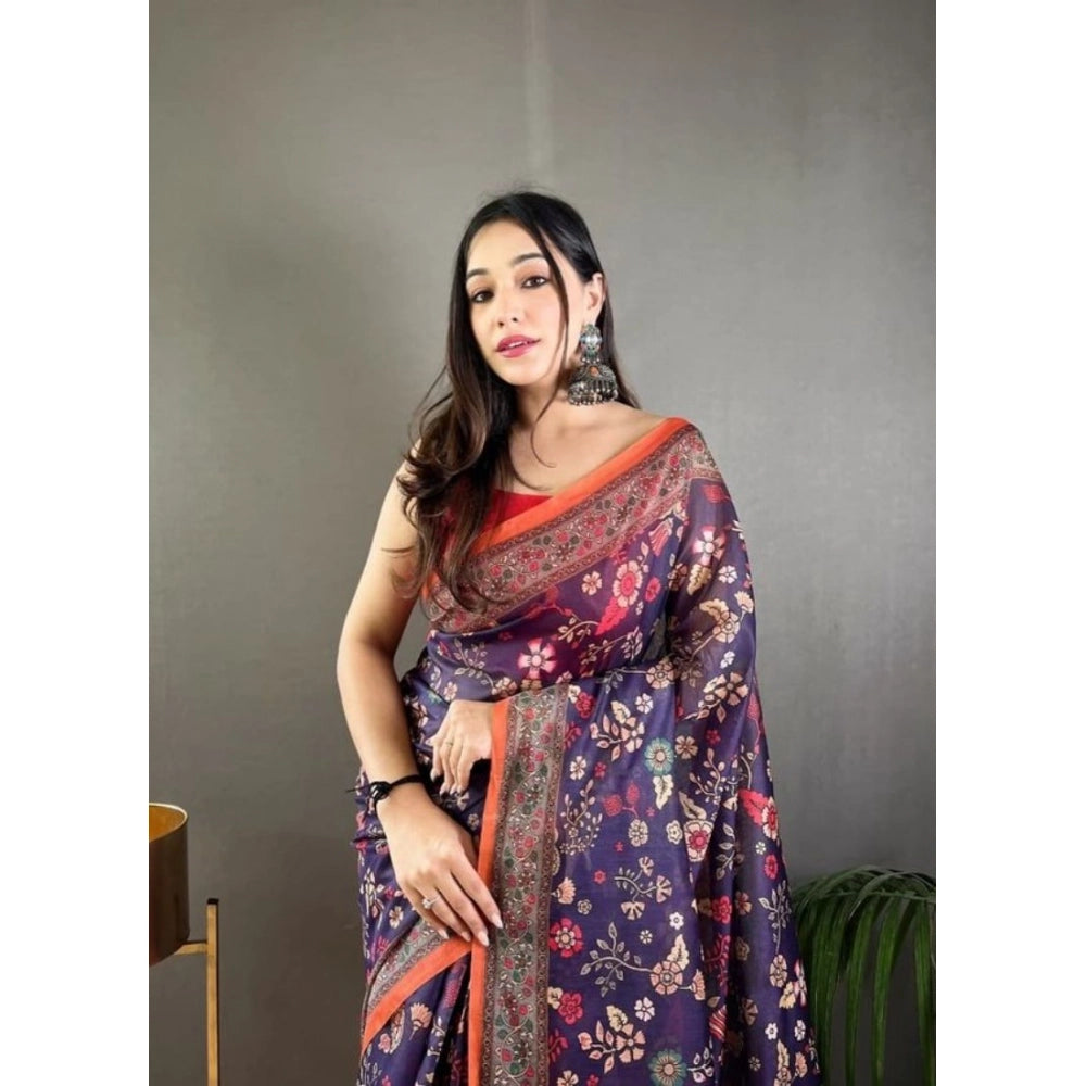 Women's Linen Printed Saree With Unstitched Blouse 5.5Mtr  (Blue)