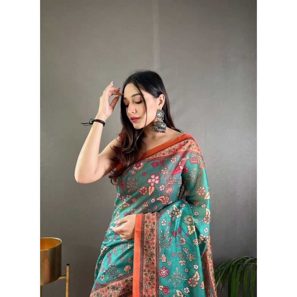 Women's Linen Printed Saree With Unstitched Blouse 5.5Mtr  (Olive)