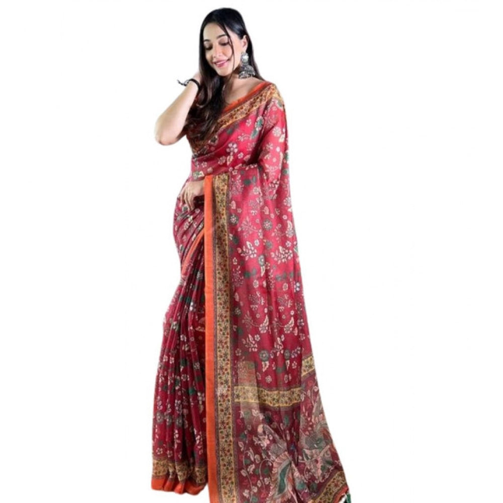 Women's Linen Printed Saree With Unstitched Blouse 5.5Mtr  (Red)