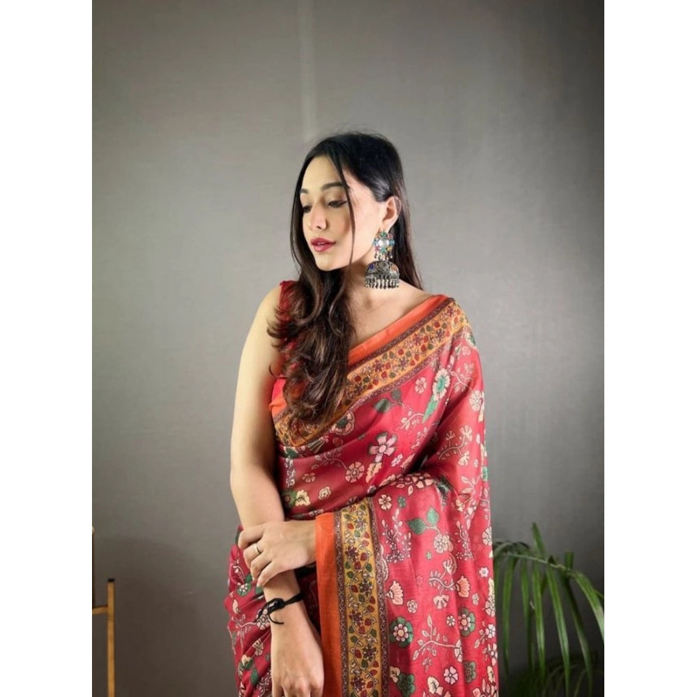 Women's Linen Printed Saree With Unstitched Blouse 5.5Mtr  (Red)