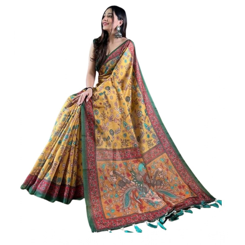 Women's Linen Printed Saree With Unstitched Blouse 5.5Mtr  (Yellow)