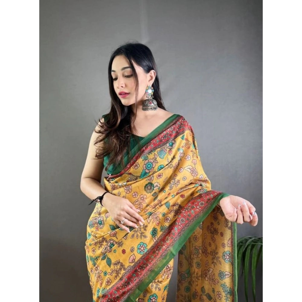 Women's Linen Printed Saree With Unstitched Blouse 5.5Mtr  (Yellow)