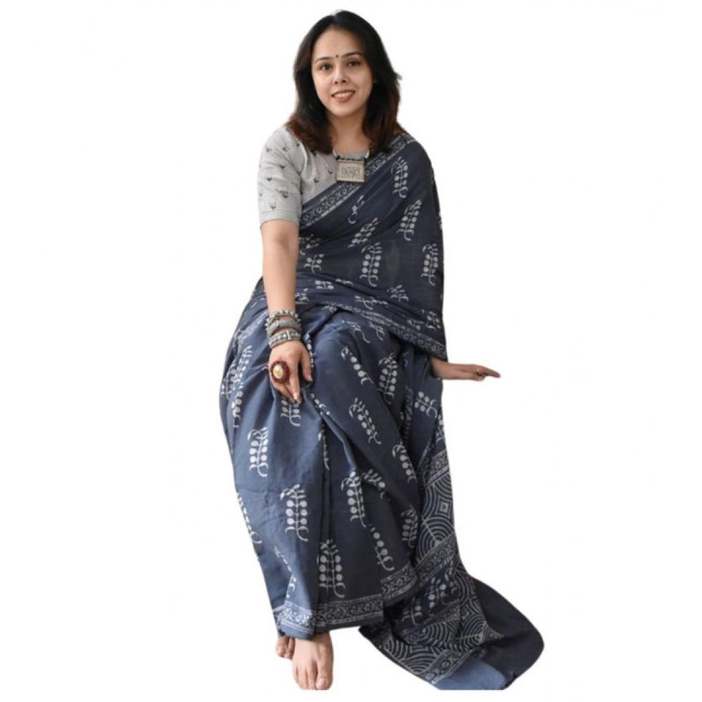 Women's Linen Printed Saree With Unstitched Blouse 5.5Mtr  (Grey)