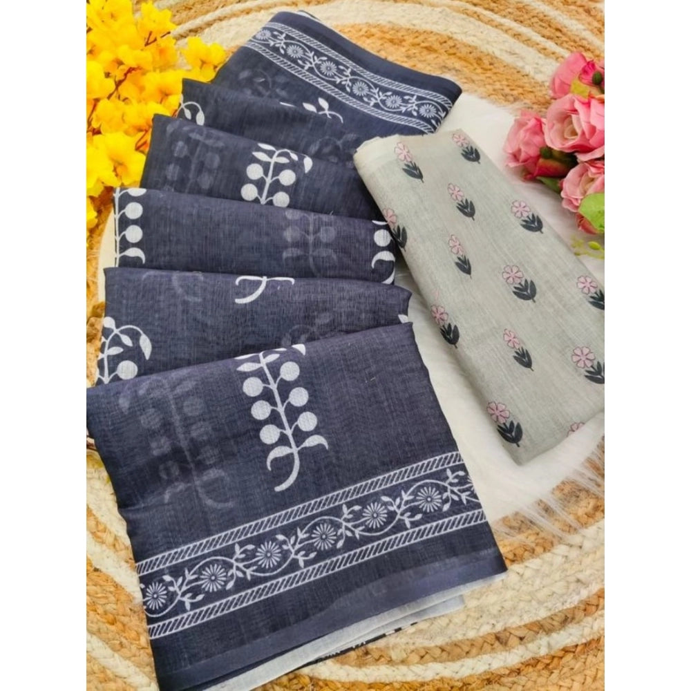 Women's Linen Printed Saree With Unstitched Blouse 5.5Mtr  (Grey)