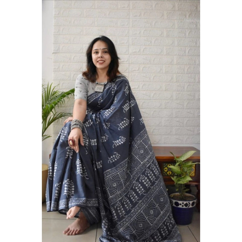 Women's Linen Printed Saree With Unstitched Blouse 5.5Mtr  (Grey)