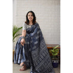 Women's Linen Printed Saree With Unstitched Blouse 5.5Mtr  (Grey)