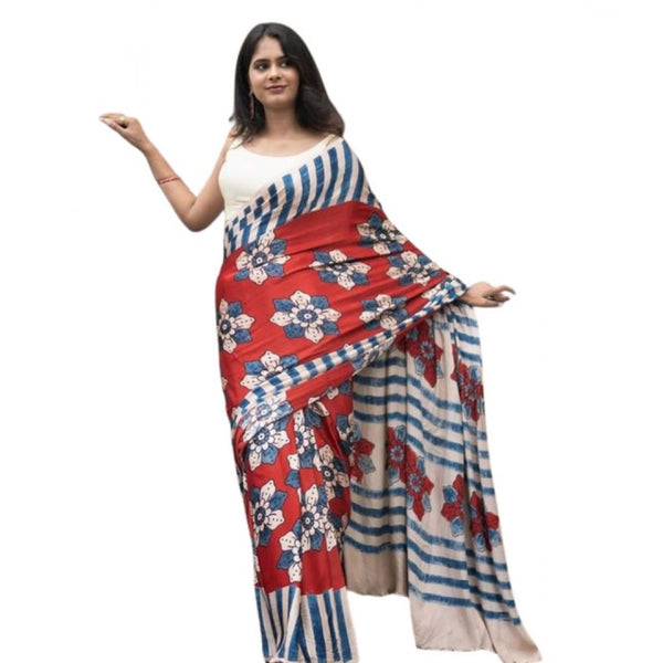Women's Linen Printed Saree With Unstitched Blouse 5.5Mtr  (Red)