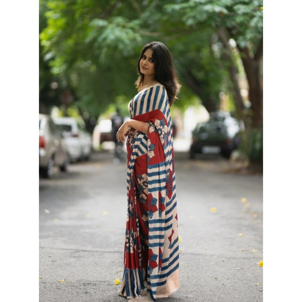 Women's Linen Printed Saree With Unstitched Blouse 5.5Mtr  (Red)