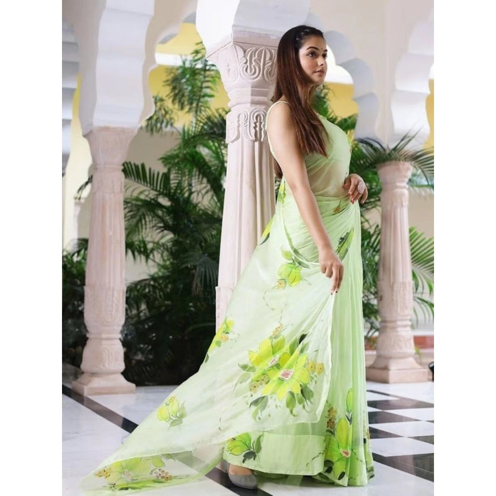Women's Linen Printed Saree With Unstitched Blouse 5.5Mtr  (Green)