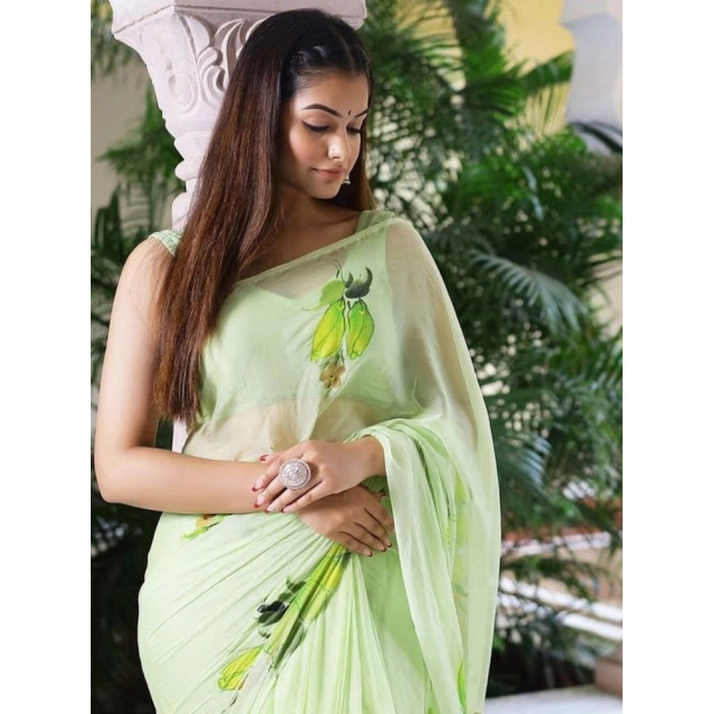 Women's Linen Printed Saree With Unstitched Blouse 5.5Mtr  (Green)