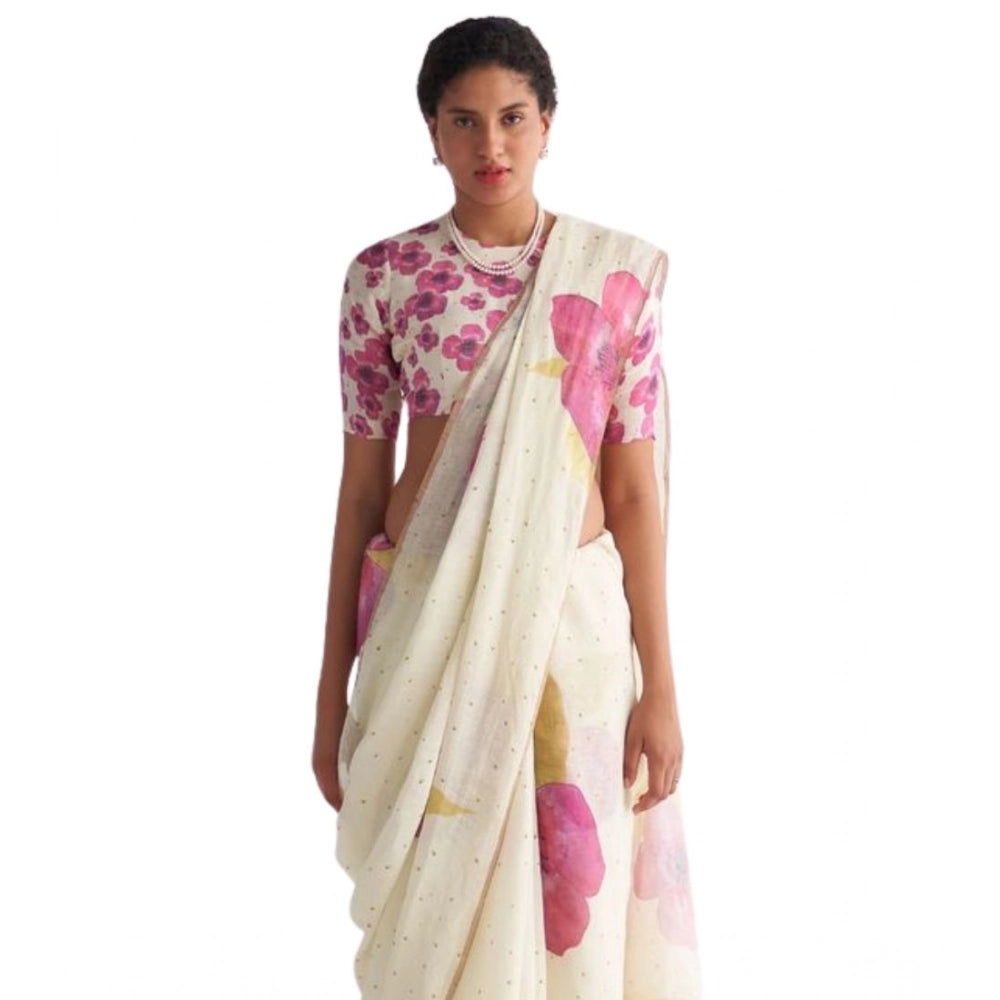 Women's Linen Printed Saree With Unstitched Blouse 5.5Mtr  (White)