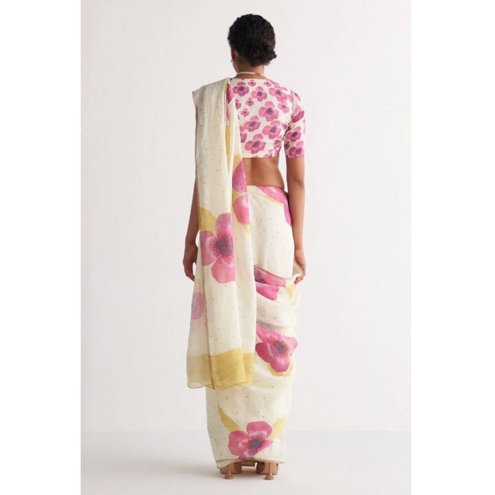 Women's Linen Printed Saree With Unstitched Blouse 5.5Mtr  (White)