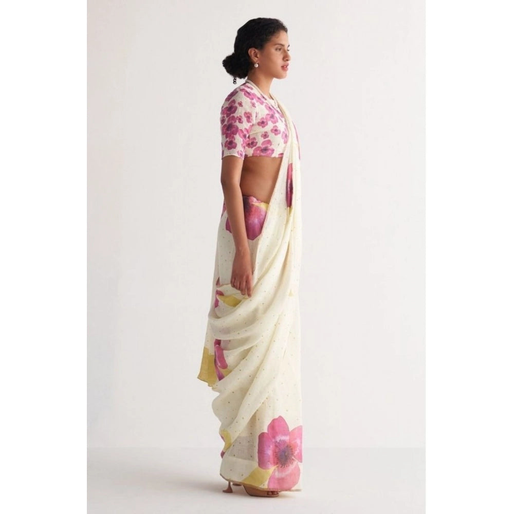 Women's Linen Printed Saree With Unstitched Blouse 5.5Mtr  (White)