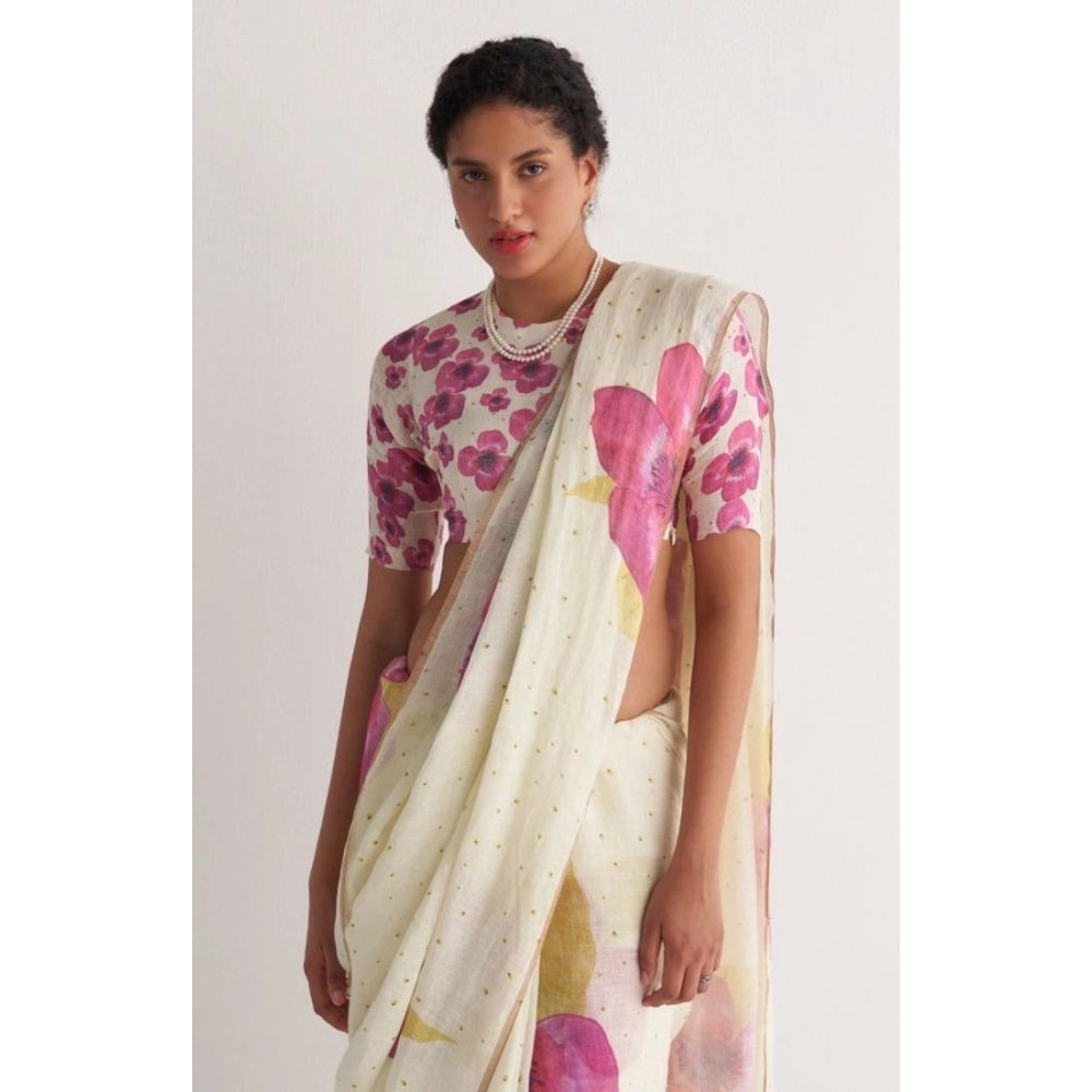 Women's Linen Printed Saree With Unstitched Blouse 5.5Mtr  (White)