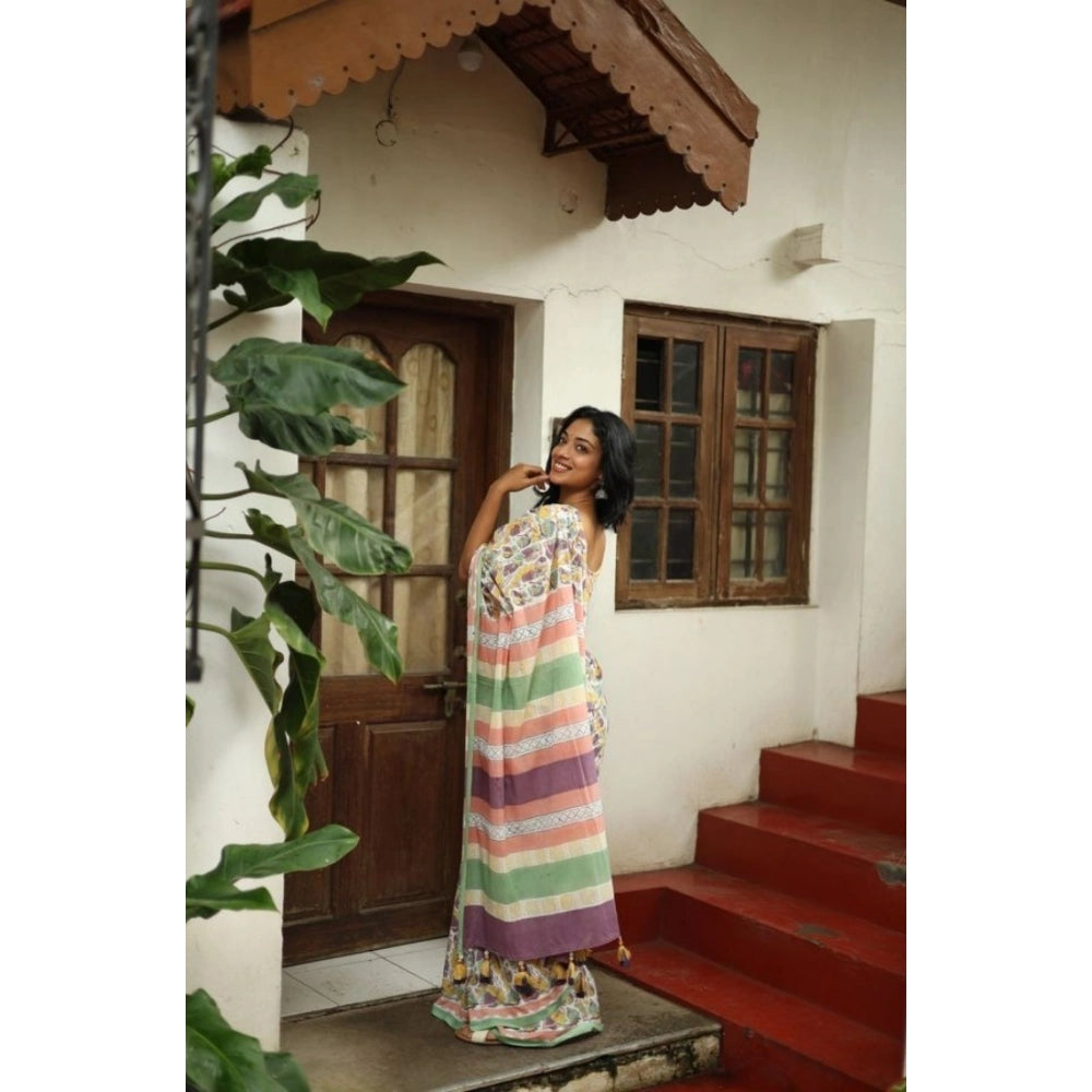 Women's Linen Printed Saree With Unstitched Blouse 5.5Mtr  (Multicolor)