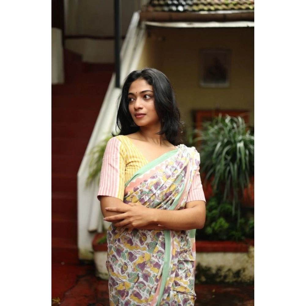 Women's Linen Printed Saree With Unstitched Blouse 5.5Mtr  (Multicolor)
