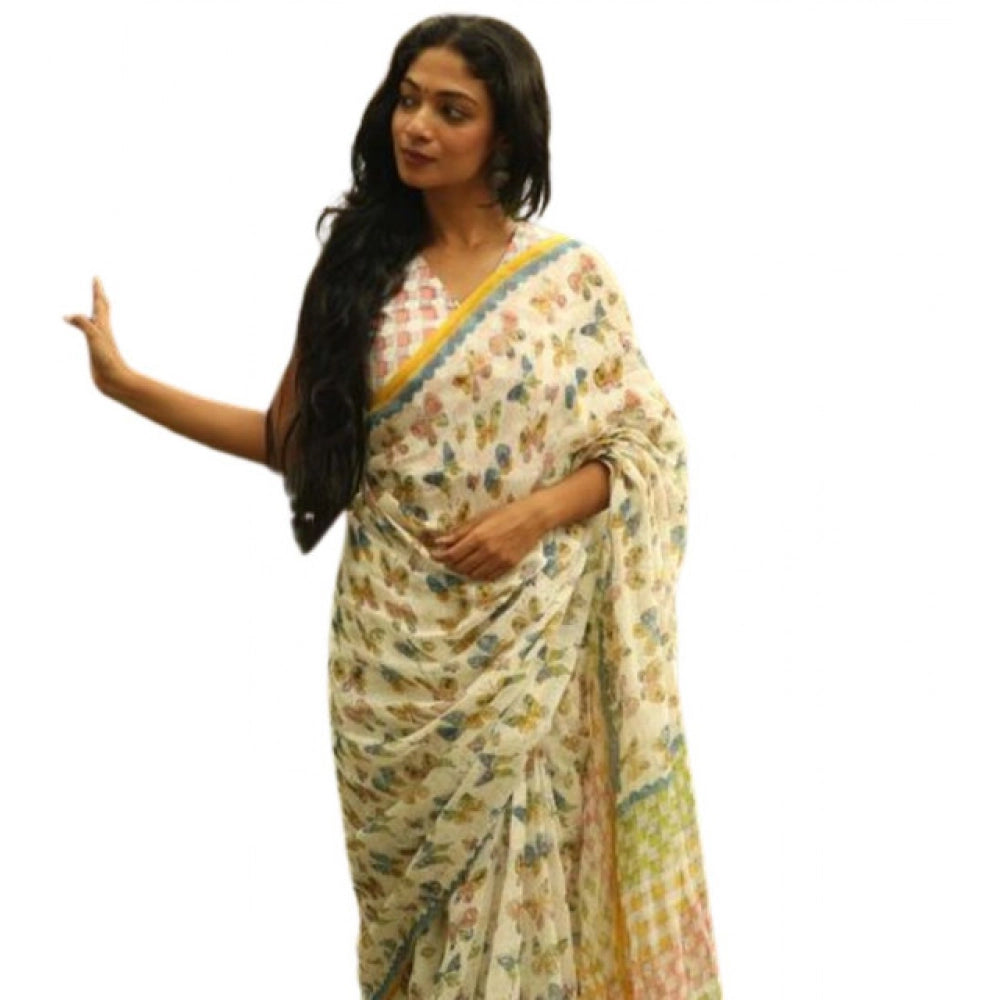 Women's Linen Printed Saree With Unstitched Blouse 5.5Mtr  (White)