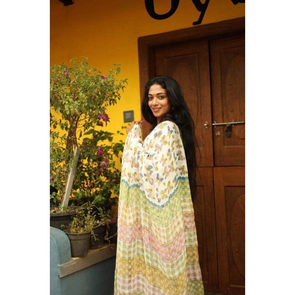 Women's Linen Printed Saree With Unstitched Blouse 5.5Mtr  (White)