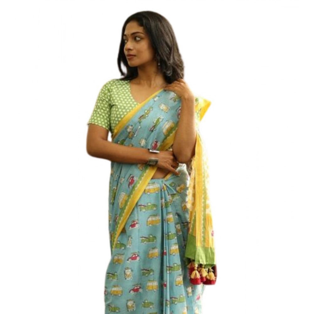 Women's Linen Printed Saree With Unstitched Blouse 5.5Mtr  (Blue)