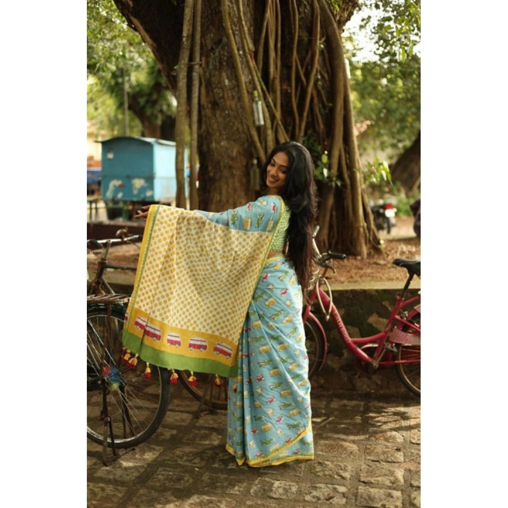 Women's Linen Printed Saree With Unstitched Blouse 5.5Mtr  (Blue)