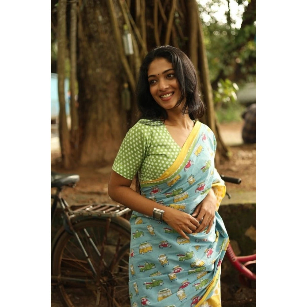 Women's Linen Printed Saree With Unstitched Blouse 5.5Mtr  (Blue)