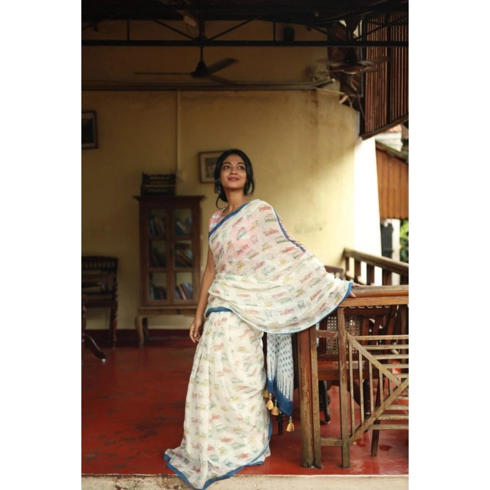 Women's Linen Printed Saree With Unstitched Blouse 5.5Mtr  (White)