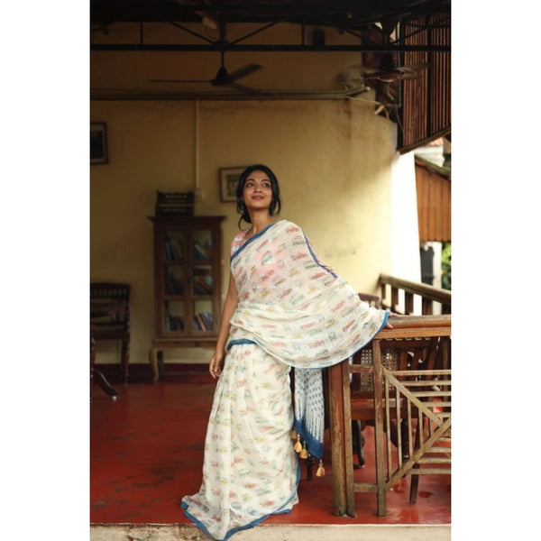 Women's Linen Printed Saree With Unstitched Blouse 5.5Mtr  (White)