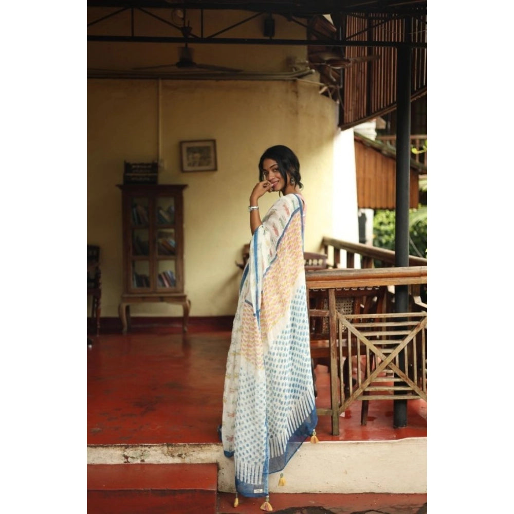 Women's Linen Printed Saree With Unstitched Blouse 5.5Mtr  (White)