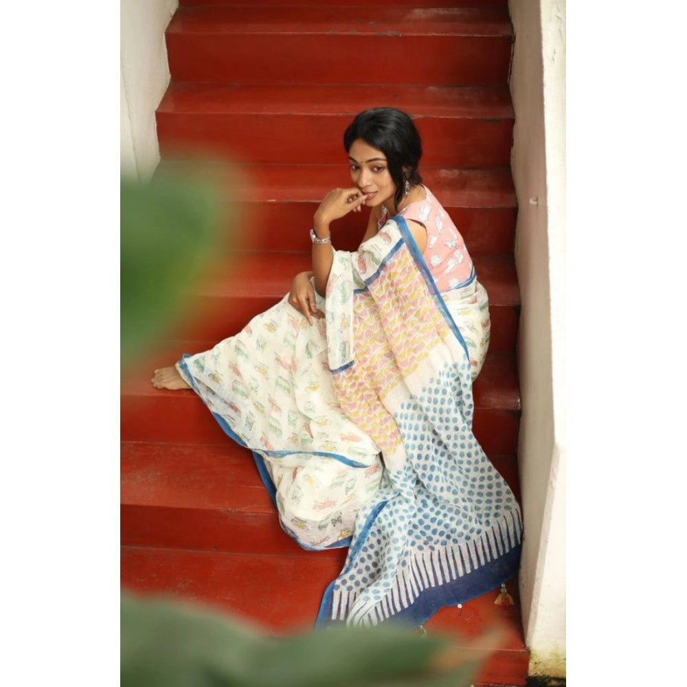Women's Linen Printed Saree With Unstitched Blouse 5.5Mtr  (White)