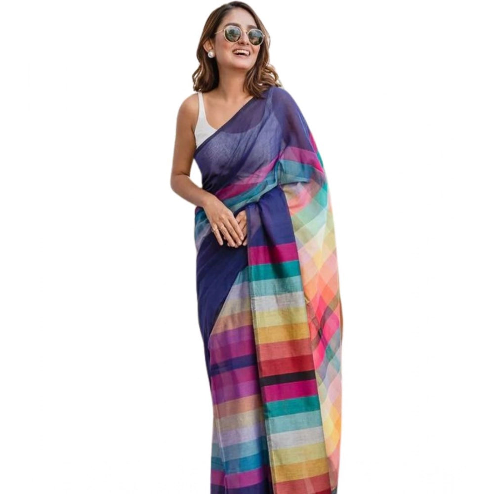 Women's Linen Printed Saree With Unstitched Blouse 5.5Mtr  (Navy)