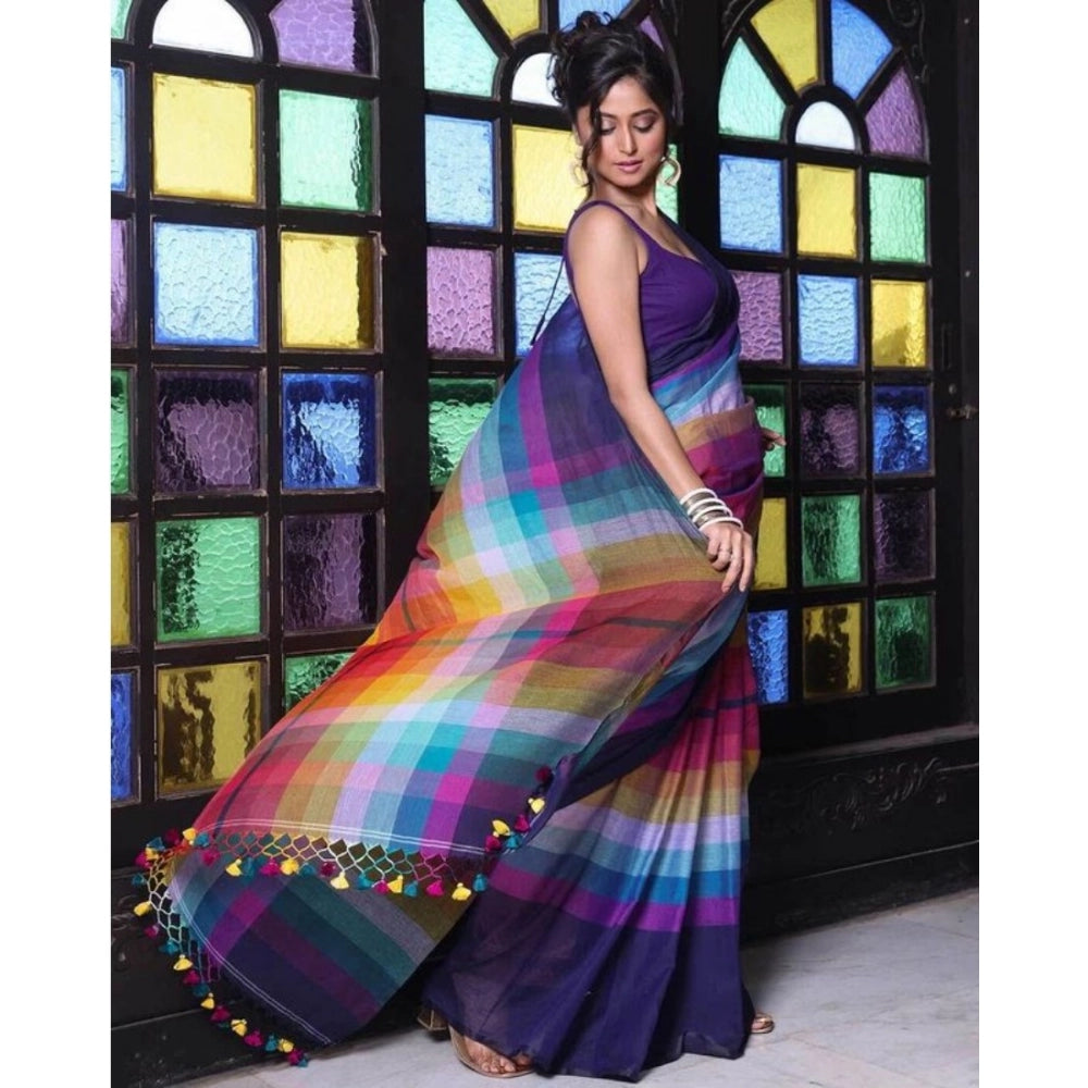 Women's Linen Printed Saree With Unstitched Blouse 5.5Mtr  (Navy)