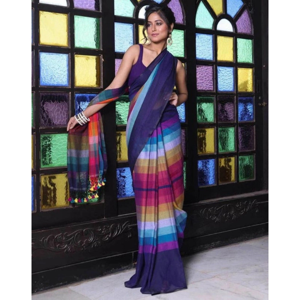 Women's Linen Printed Saree With Unstitched Blouse 5.5Mtr  (Navy)