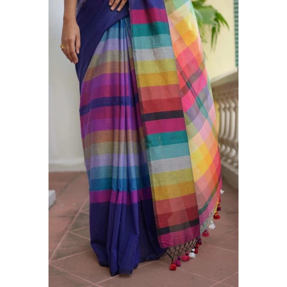 Women's Linen Printed Saree With Unstitched Blouse 5.5Mtr  (Navy)