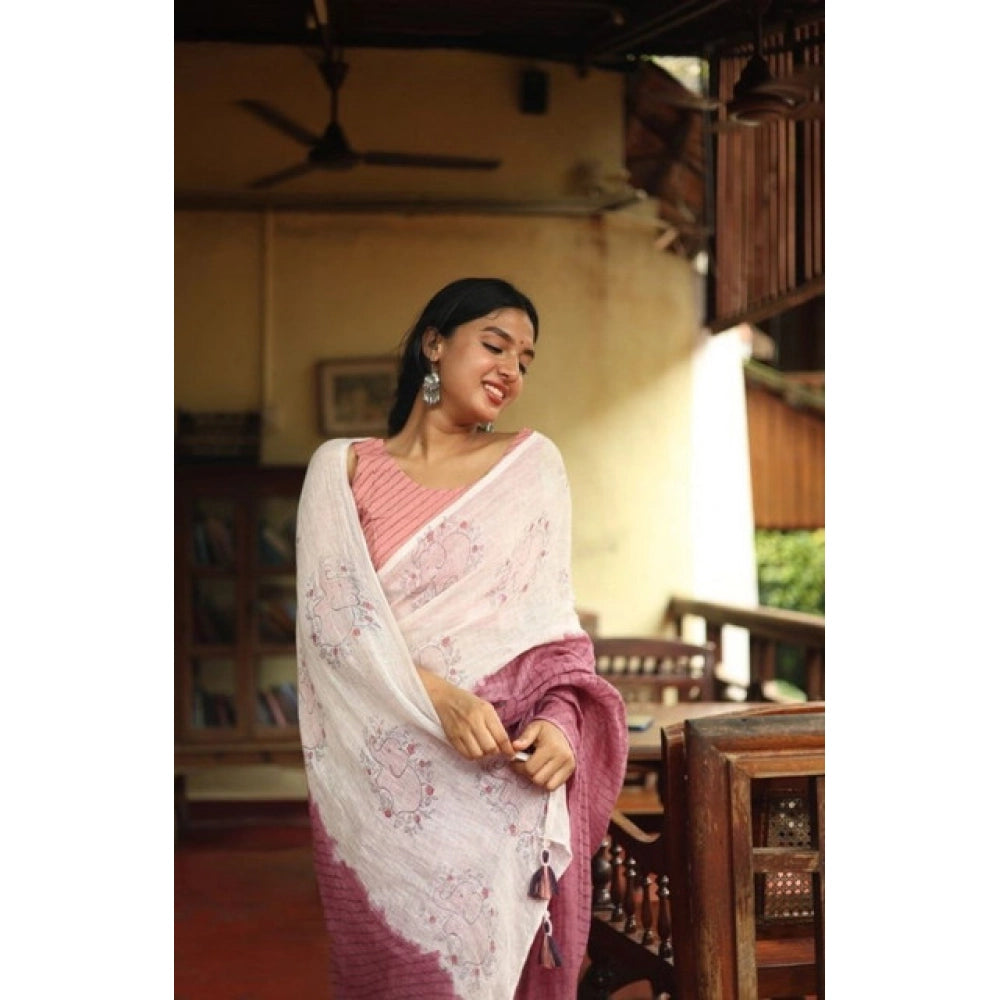 Women's Linen Printed Saree With Unstitched Blouse 5.5Mtr  (White)
