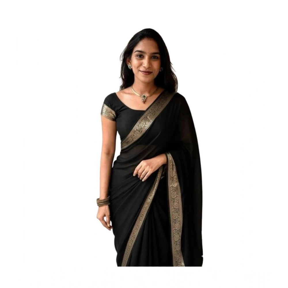 Women's Vichitra Silk Printed Saree With Unstitched Blouse 5.5Mtr  (Black)