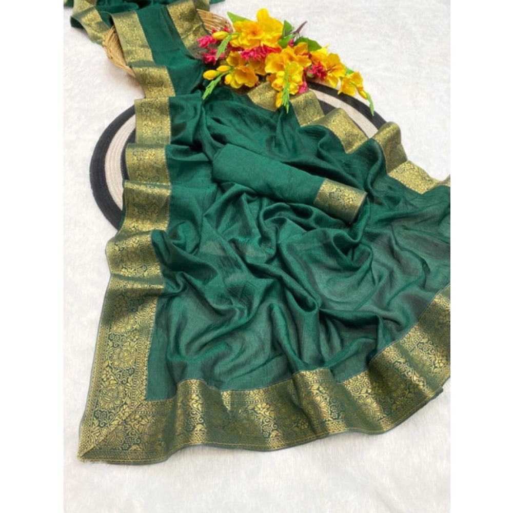 Women's Vichitra Silk Printed Saree With Unstitched Blouse 5.5Mtr  (Green)