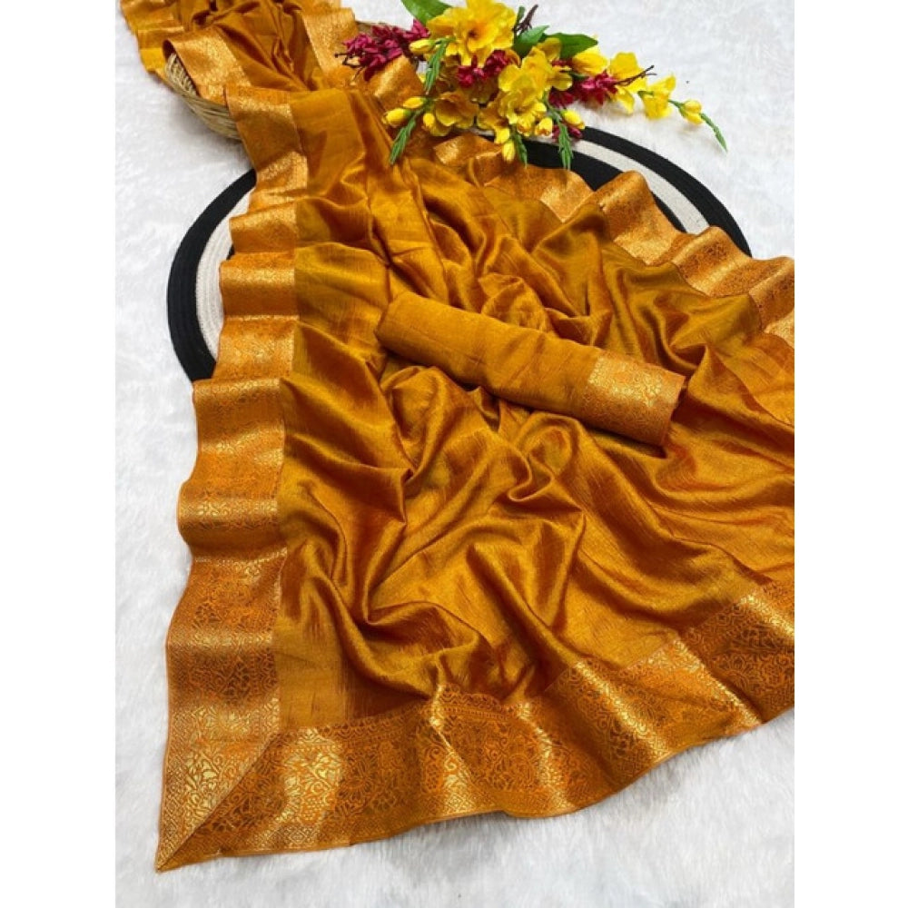 Women's Vichitra Silk Printed Saree With Unstitched Blouse 5.5Mtr  (Mustard)