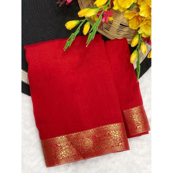 Women's Vichitra Silk Printed Saree With Unstitched Blouse 5.5Mtr  (Red)