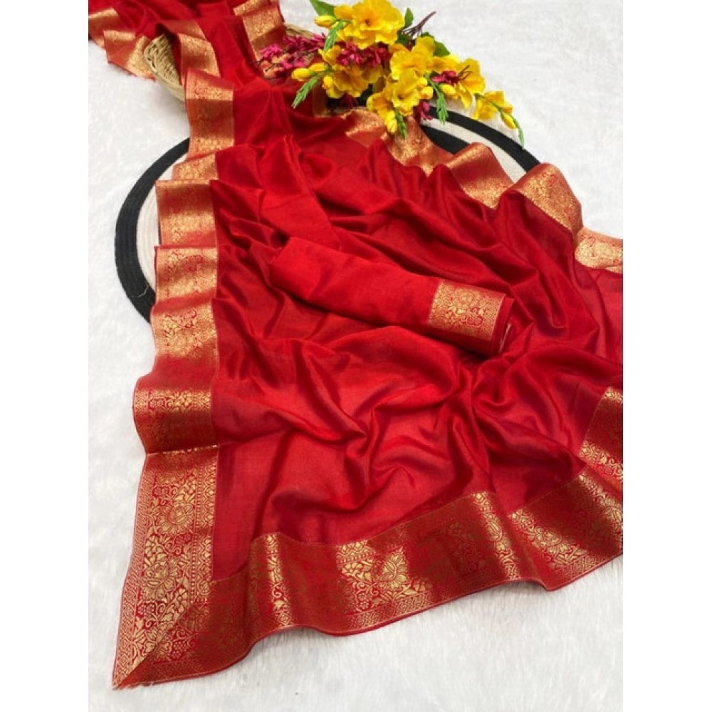 Women's Vichitra Silk Printed Saree With Unstitched Blouse 5.5Mtr  (Red)