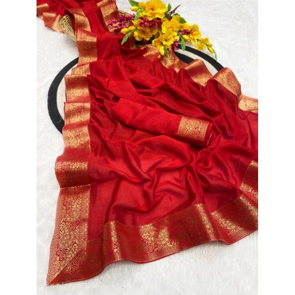 Women's Vichitra Silk Printed Saree With Unstitched Blouse 5.5Mtr  (Red)