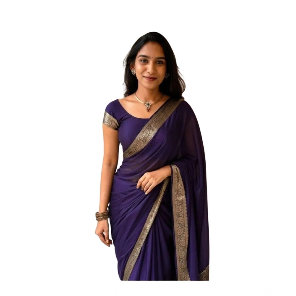 Women's Vichitra Silk Printed Saree With Unstitched Blouse 5.5Mtr  (Purple)