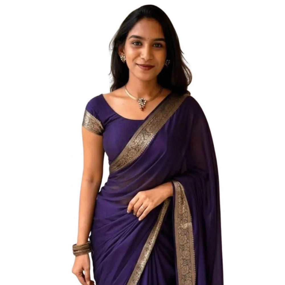 Women's Vichitra Silk Printed Saree With Unstitched Blouse 5.5Mtr  (Purple)