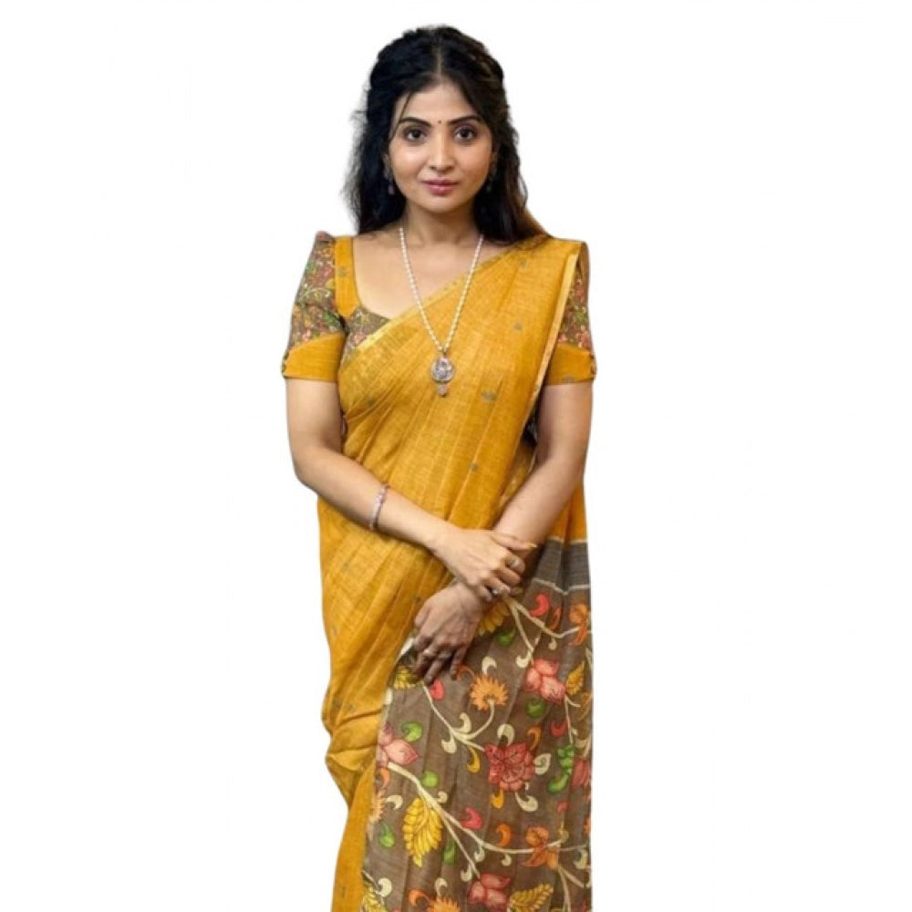 Women's Linen Printed Saree With Unstitched Blouse 5.5Mtr  (Mustard)