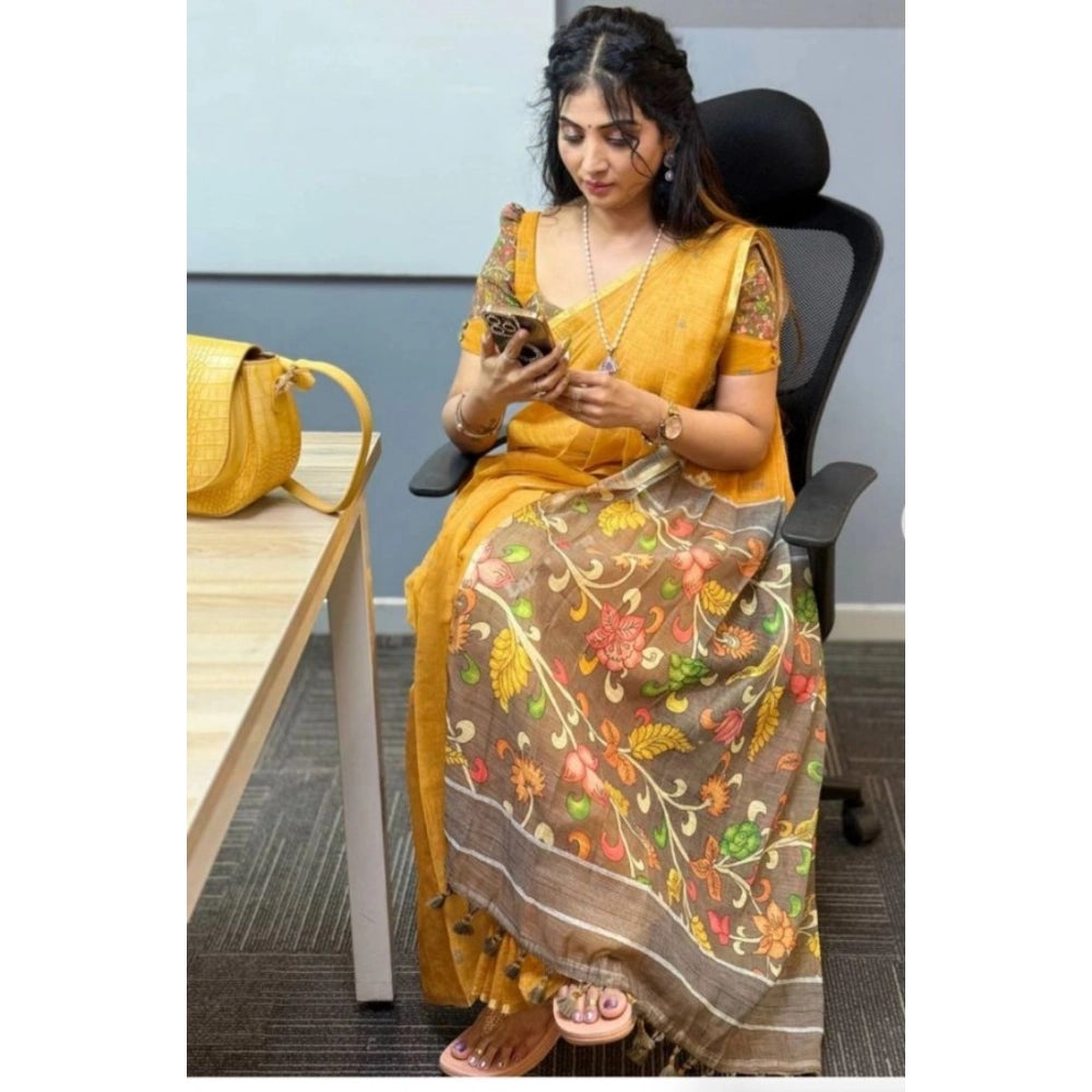 Women's Linen Printed Saree With Unstitched Blouse 5.5Mtr  (Mustard)