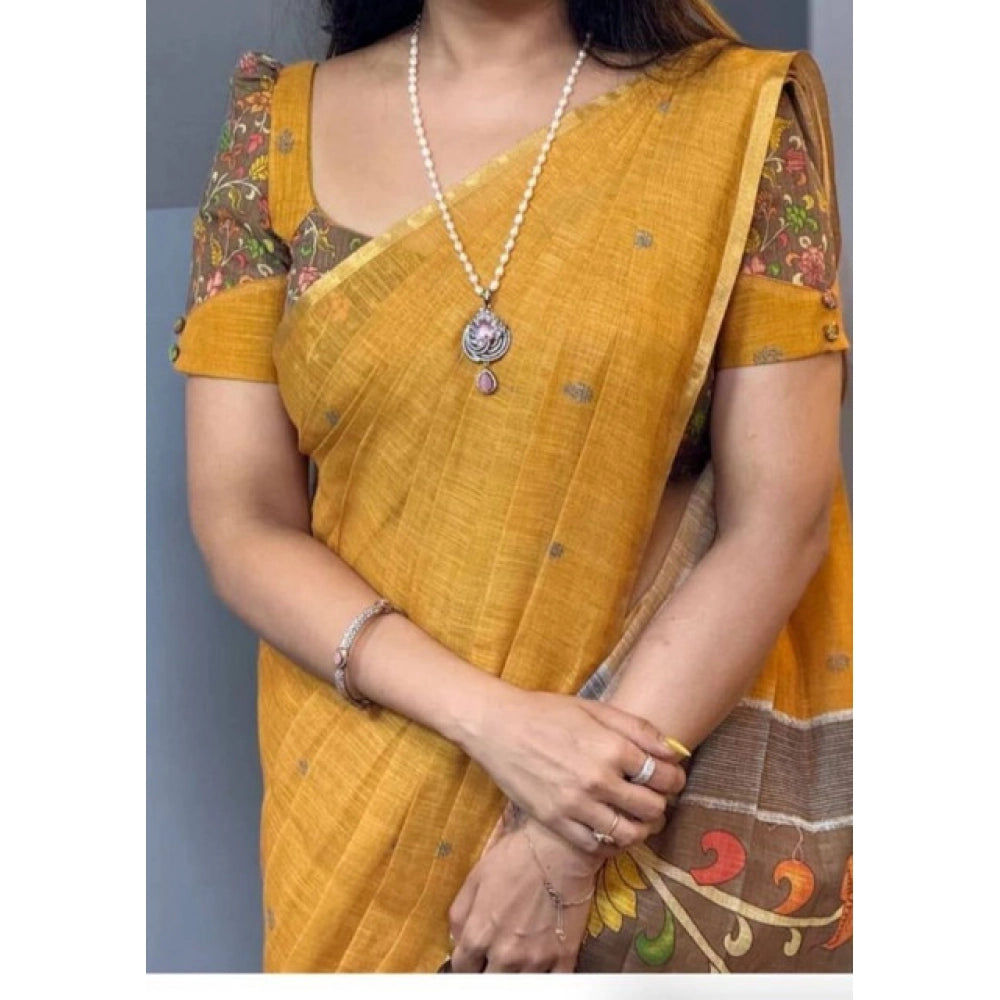 Women's Linen Printed Saree With Unstitched Blouse 5.5Mtr  (Mustard)