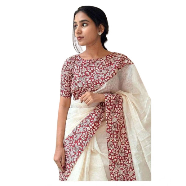 Women's Linen Printed Saree With Unstitched Blouse 5.5Mtr  (White)