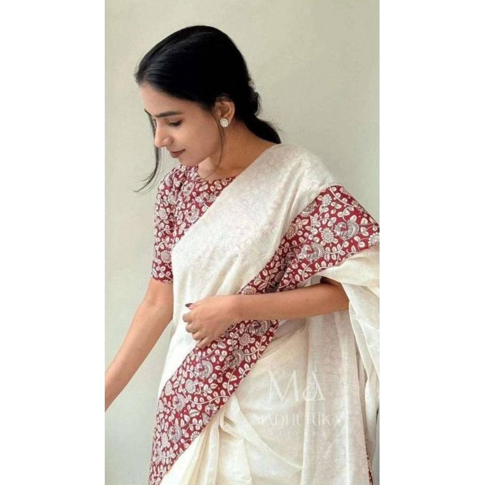 Women's Linen Printed Saree With Unstitched Blouse 5.5Mtr  (White)